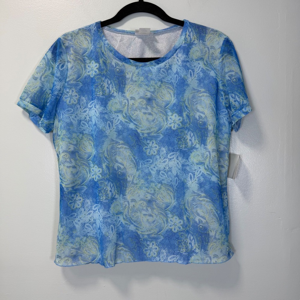 Nicola Blue Paisley Mesh Metallic Shimmer Short Sleeve Lined Top XL UQC19 New